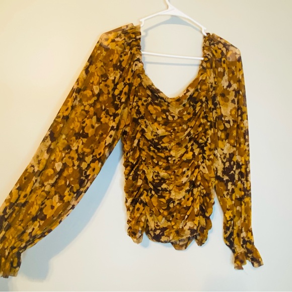 Jane and Delancey Floral Ruched Blouse in Brown and Yellow - Picture 2 of 11